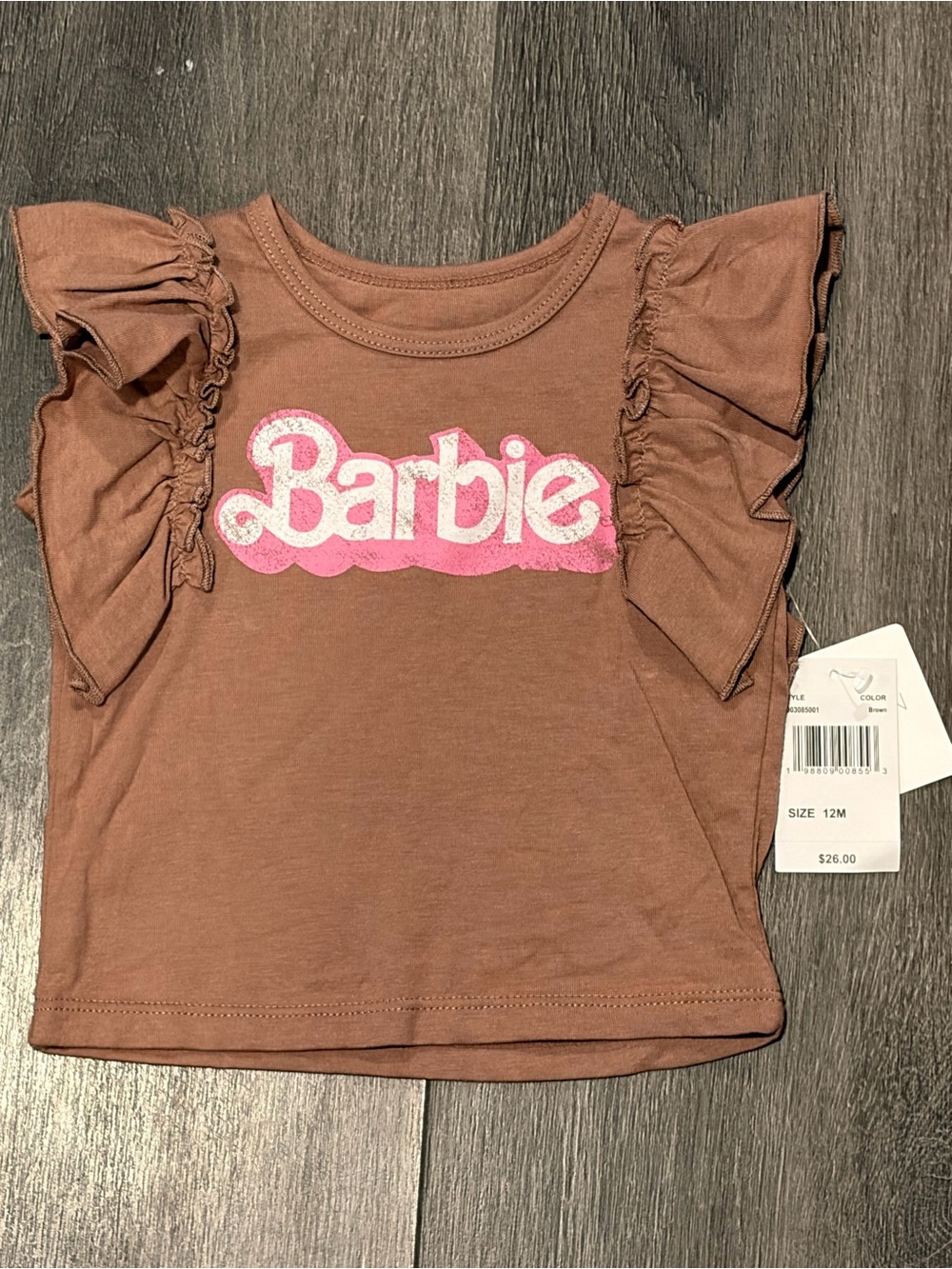 Barbie Toddler Ruffle Sleeve Tee in Brown with Pink Logo